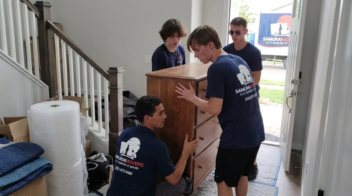 Samurai Movers team carrying a wooden dresser through a home entryway