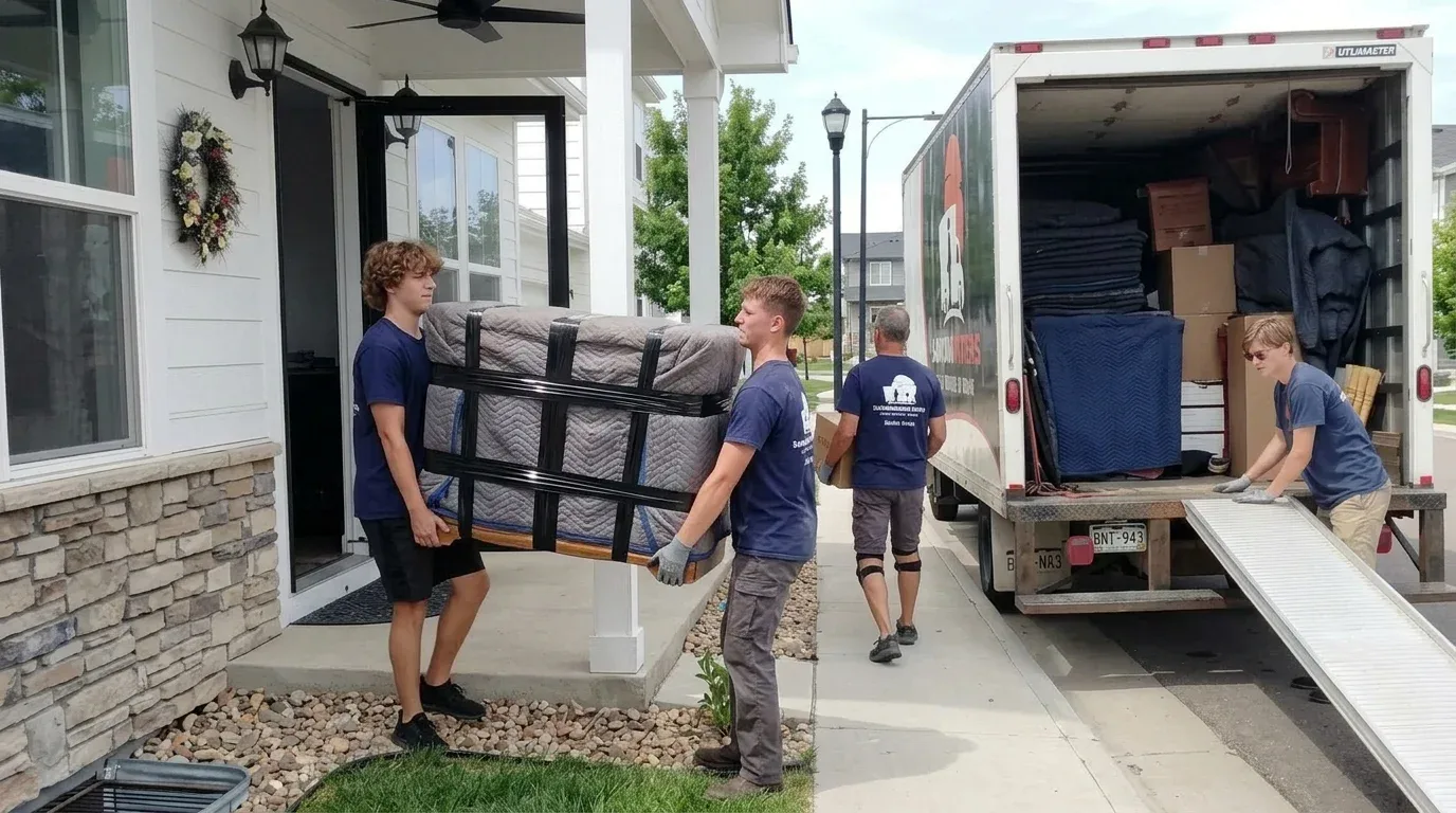 Two Samurai Movers carrying blanket-wrapped furniture to a moving truck while the crew loads boxes for a local move