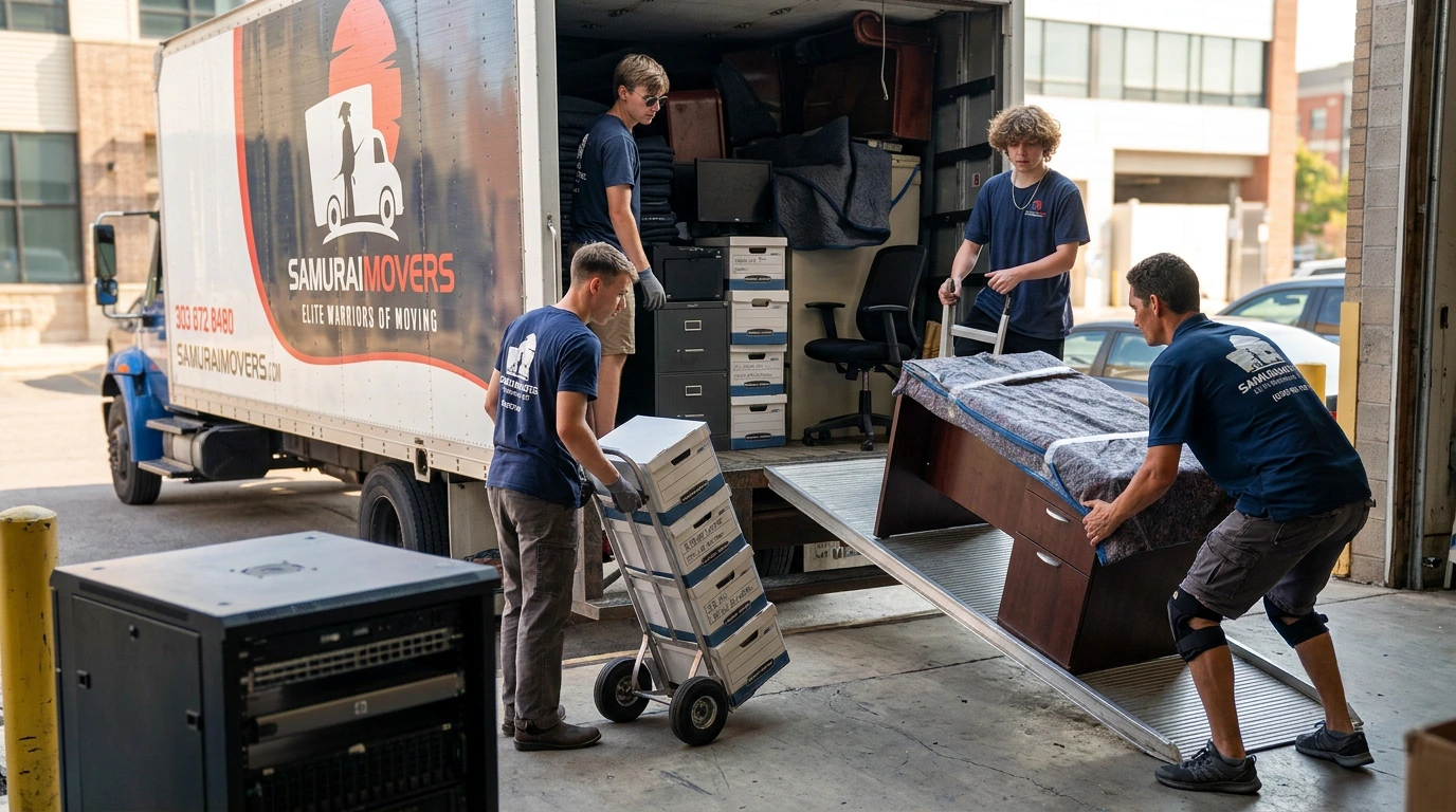 Movers loading office furniture and equipment into a truck