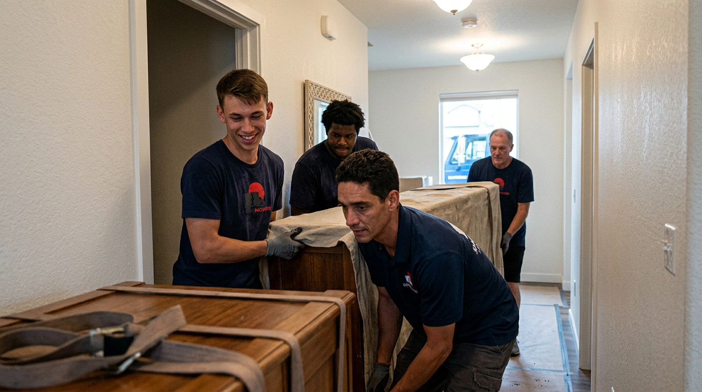 Samurai Movers crew carefully moving large wooden furniture through a hallway
