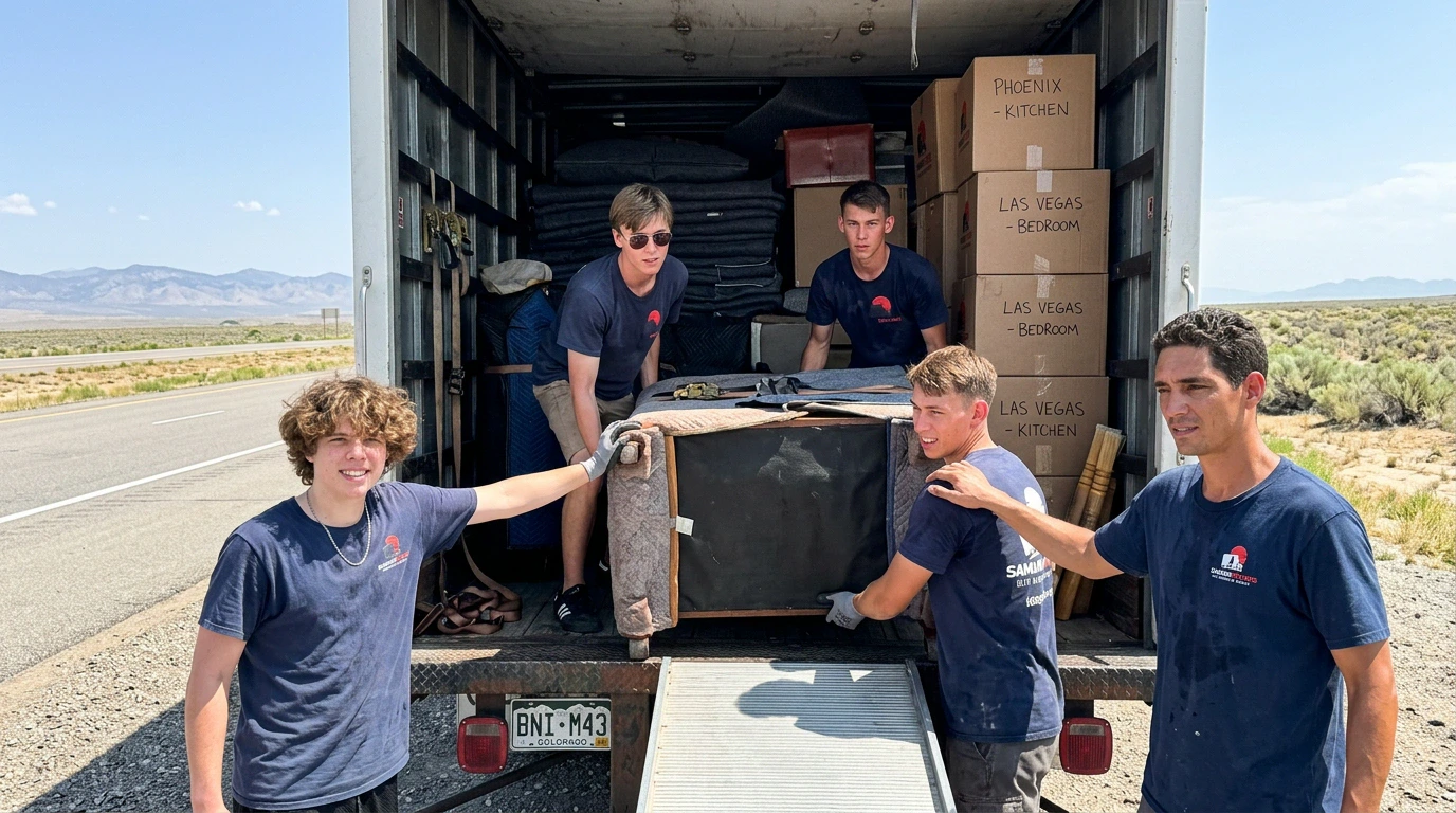 Samurai Movers crew loading an upright piano into a moving truck