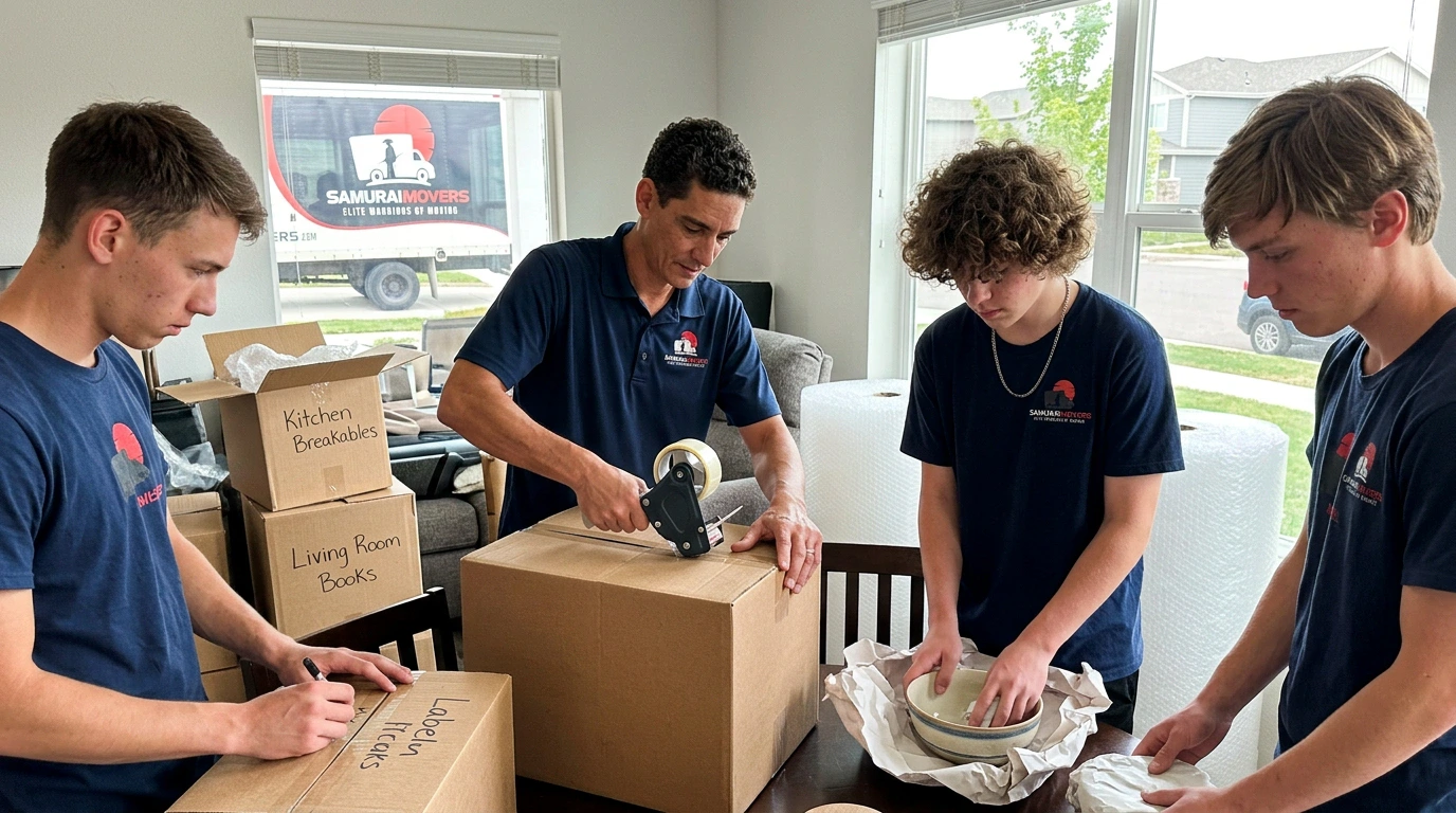Movers wrapping dishes and packing boxes inside a home