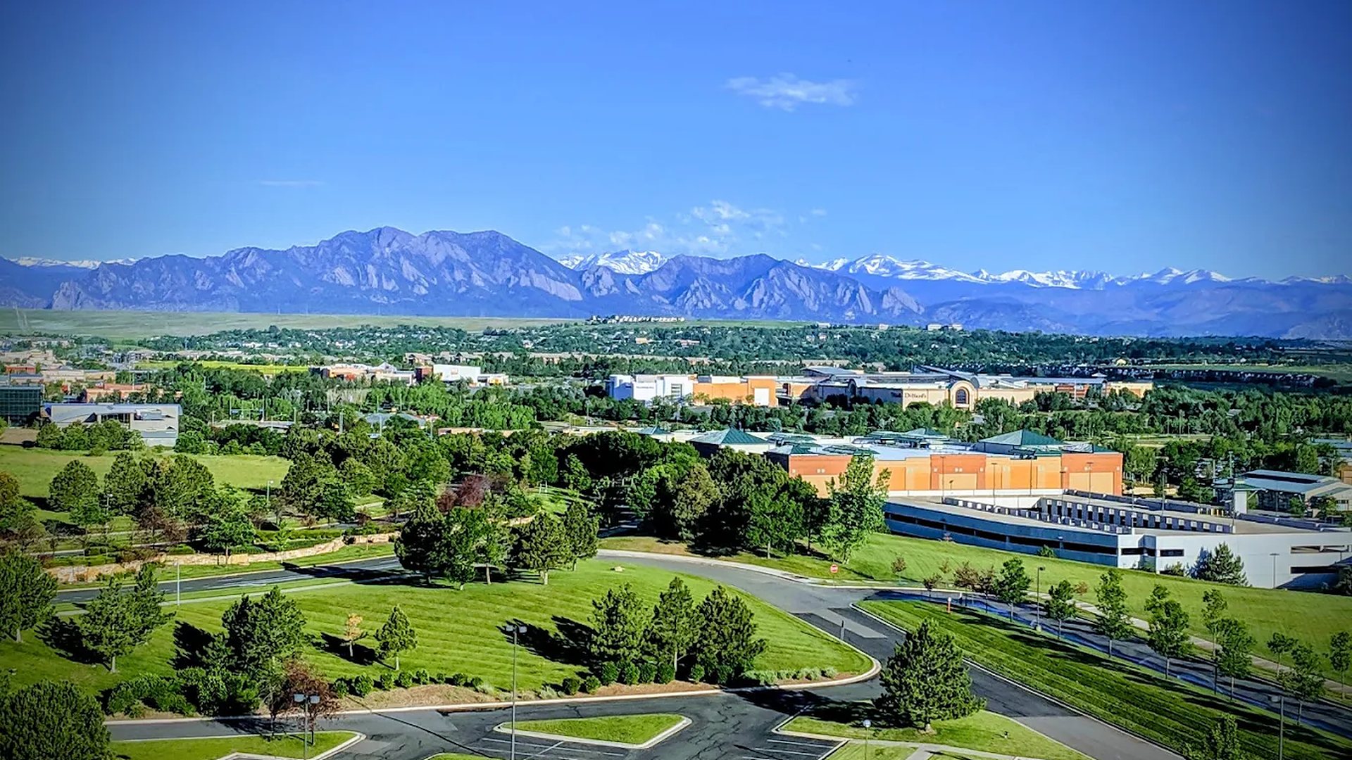 View of the Boulder Flatirons and Rocky Mountains from Broomfield, Colorado