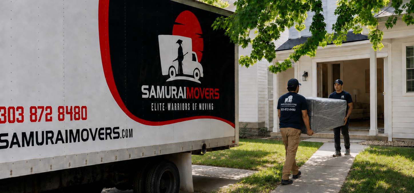 Two uniformed Samurai Movers movers carrying wrapped furniture into a home