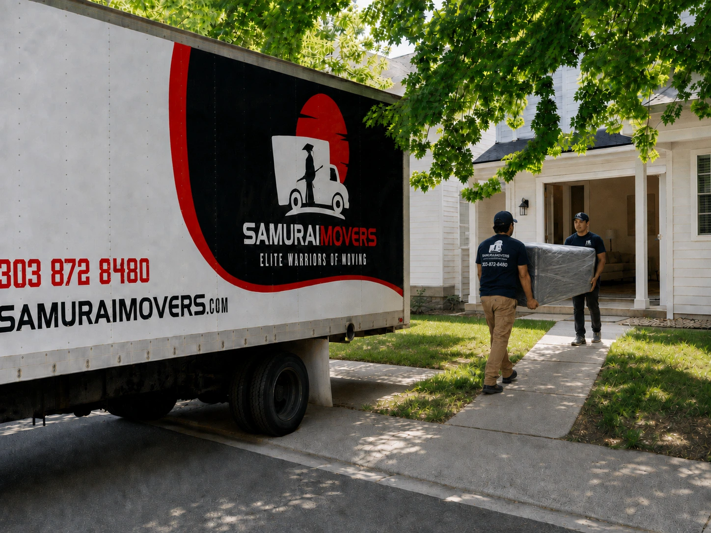 Samurai Movers team carrying a wrapped couch