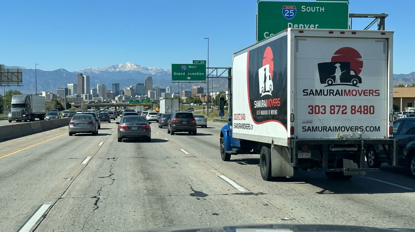 Samurai Movers truck driving on a Colorado highway