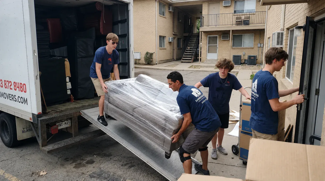 Samurai Movers crew loading a plastic-wrapped sofa onto a moving truck ramp outside apartment building
